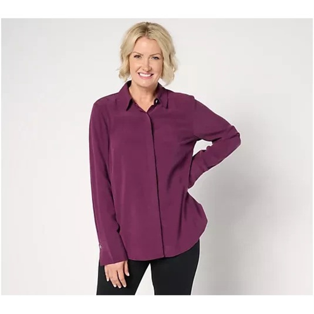 BEAUTIFUL by Lawrence Zarian Sanded Crinkle Satin Tunic Shirt Merlot, Large #51T